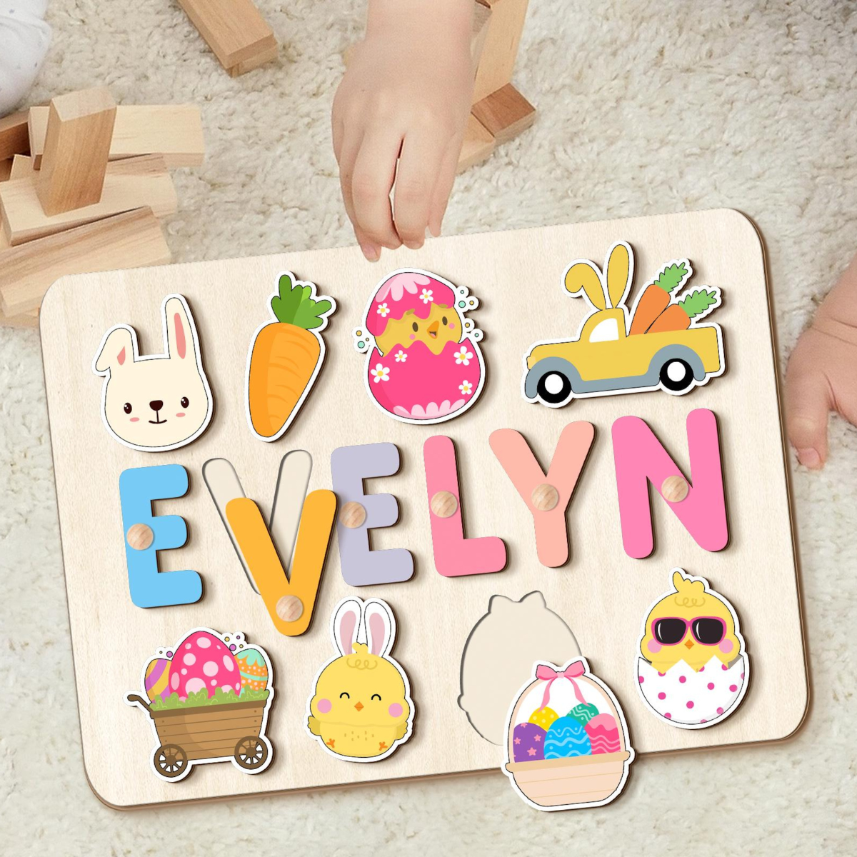 Easter Bunny Name Puzzle For Toddlers, Personalized Name Puzzle For Easter Basket Stuffer, Easter Gifts for Kids, Wooden Toys, Gift for Girl