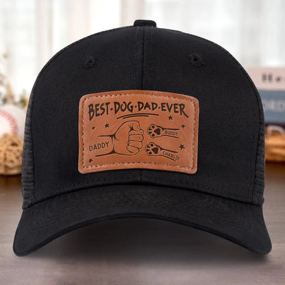 Best Dog Dad Cat Dad Ever - Personalized Leather Label Net Hat - Gift For Father, Gift For Papa, Father's Day Gift