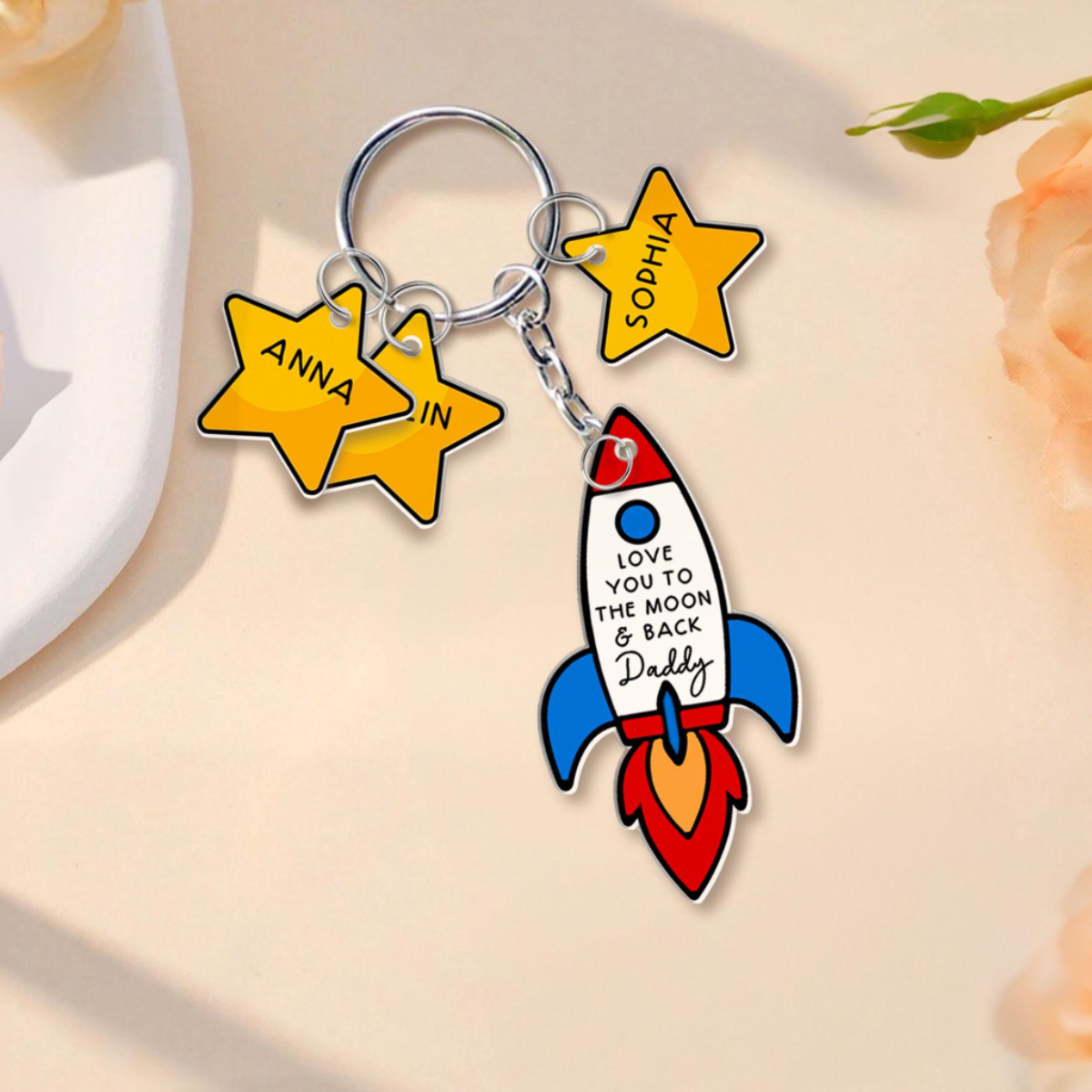 Love You To The Moon Keychain, Personalized Dad Keyring with Kid Names, Father's Day Gift from Son Daughter, Gift for Husband, New Dad Gift
