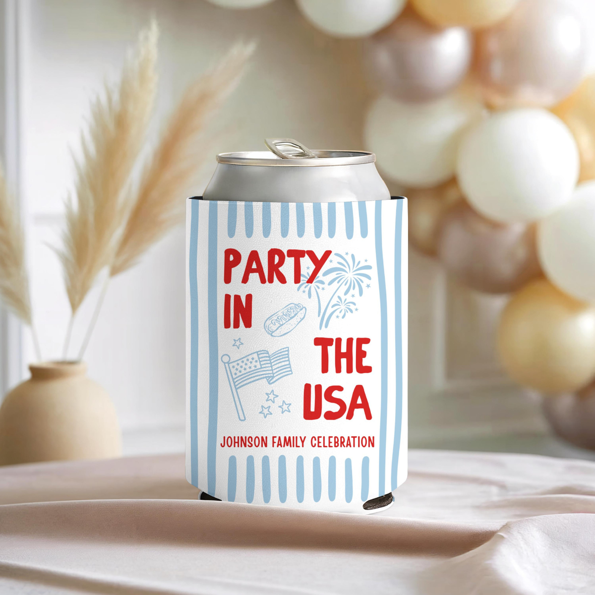 Custom Party in the USA Can Cozie, Personalized 4th of July Family BBQ Party Favor, Patriotic USA 250 Drink Sleeve