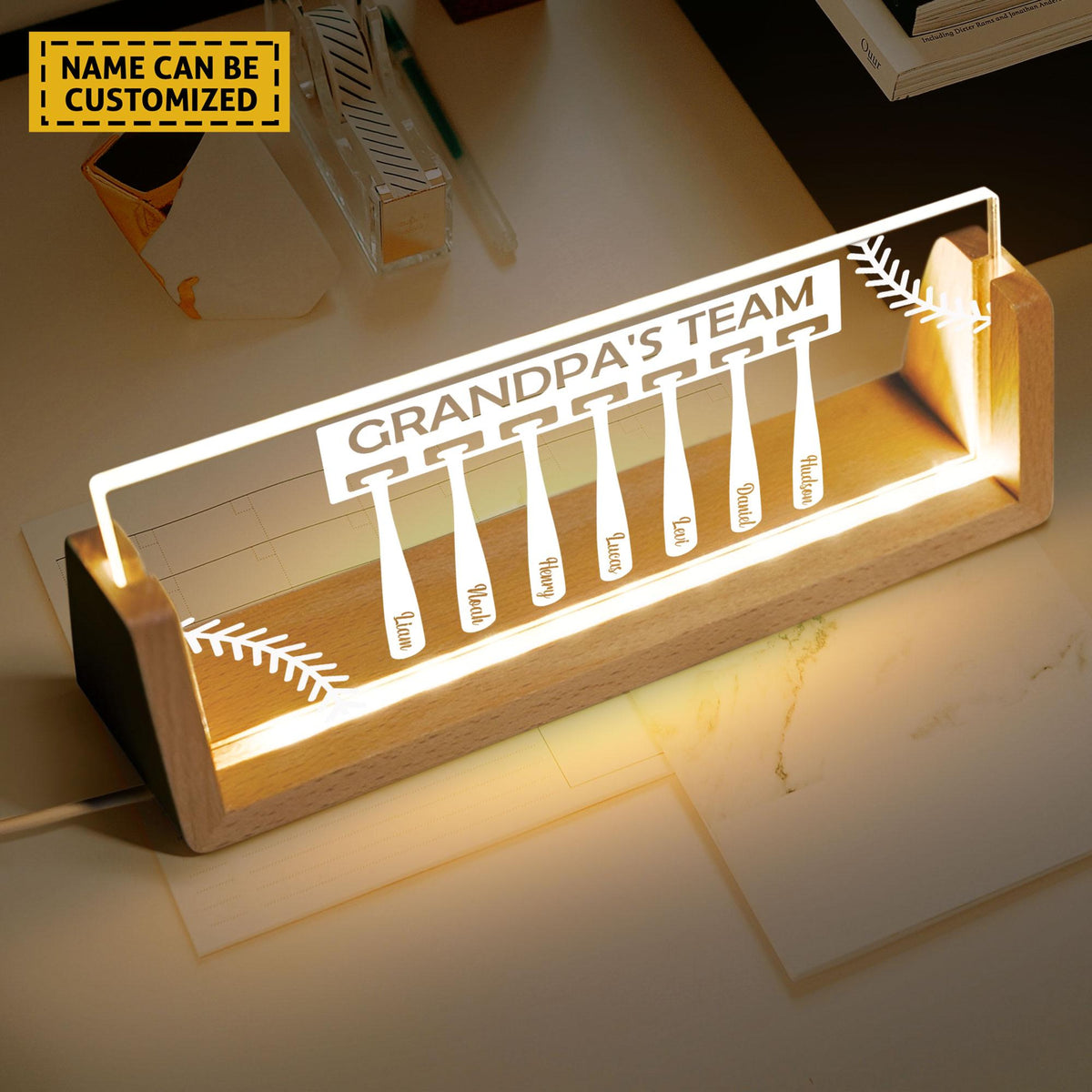 Baseball Grandpa Gift with Grandkids Names,Custom Grandpa's Team Night Light, Dad Gifts from Daughter Son, Father's Day Gift, Baseball Coach