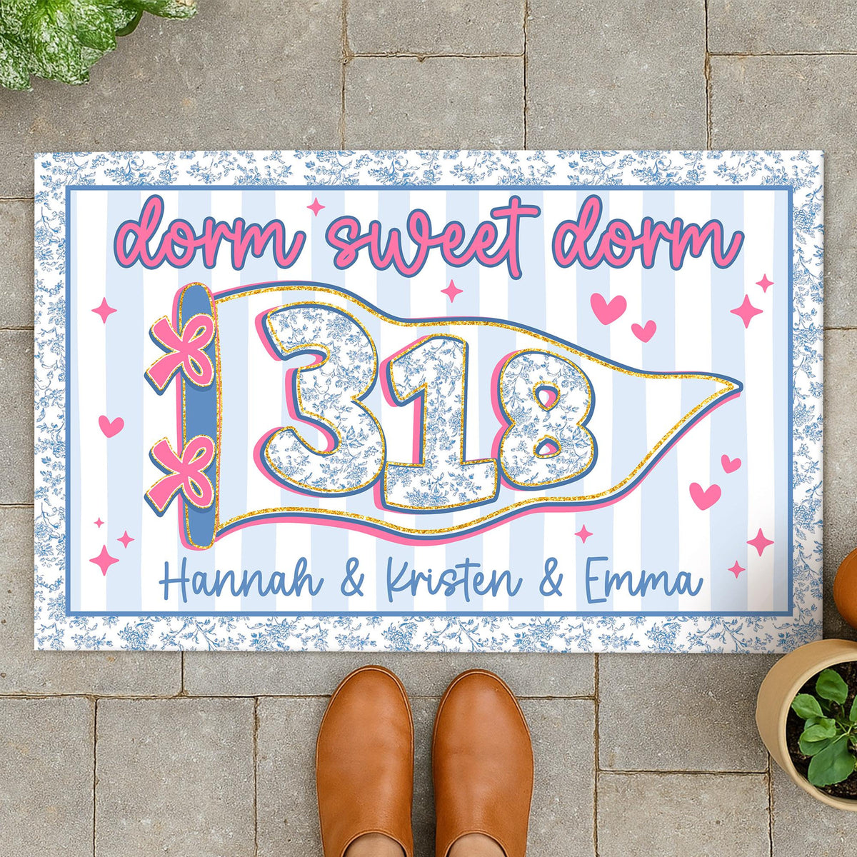 Personalized Blue Chinoiserie Dorm Doormat: Custom Stripe Roommate Names Welcome Mat, College Apartment Decor, Girls Dorm Decor