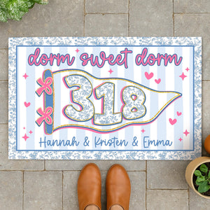 Personalized Blue Chinoiserie Dorm Doormat: Custom Stripe Roommate Names Welcome Mat, College Apartment Decor, Girls Dorm Decor
