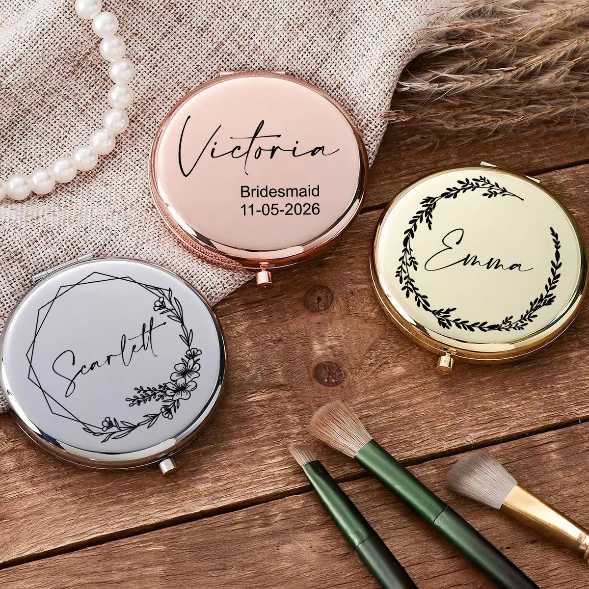 Floral Compact Mirror With Names - Personalized Compact Mirror