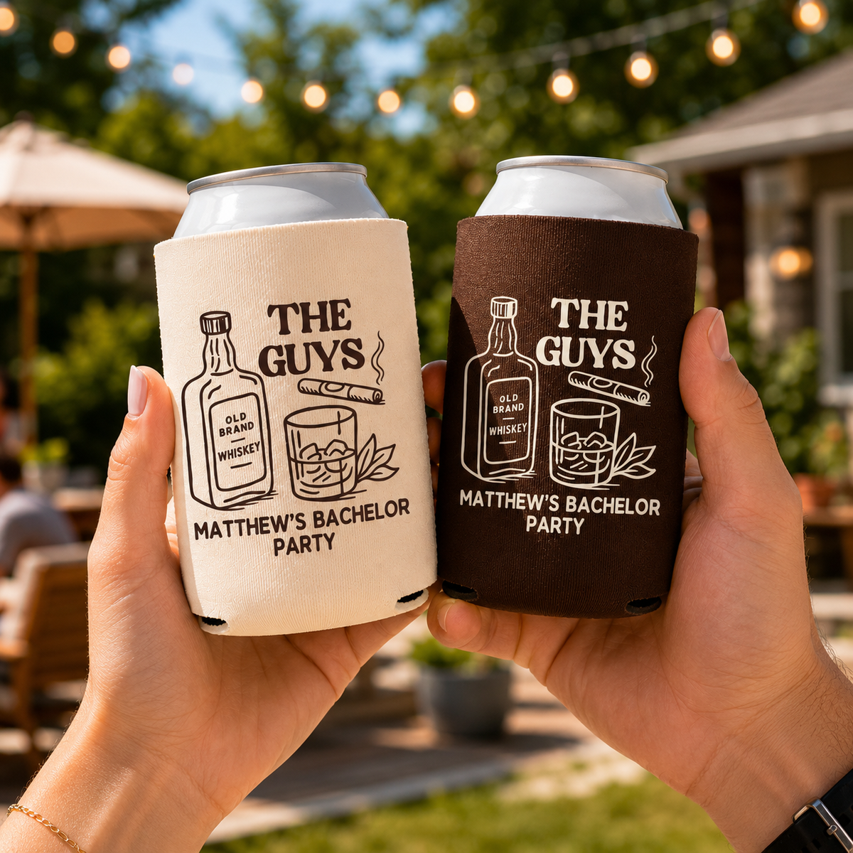 The Guys Bachelor Can Cooler - Custom Whiskey Bachelor Party Favors - Personalized Cozies in Regular and Slim Size