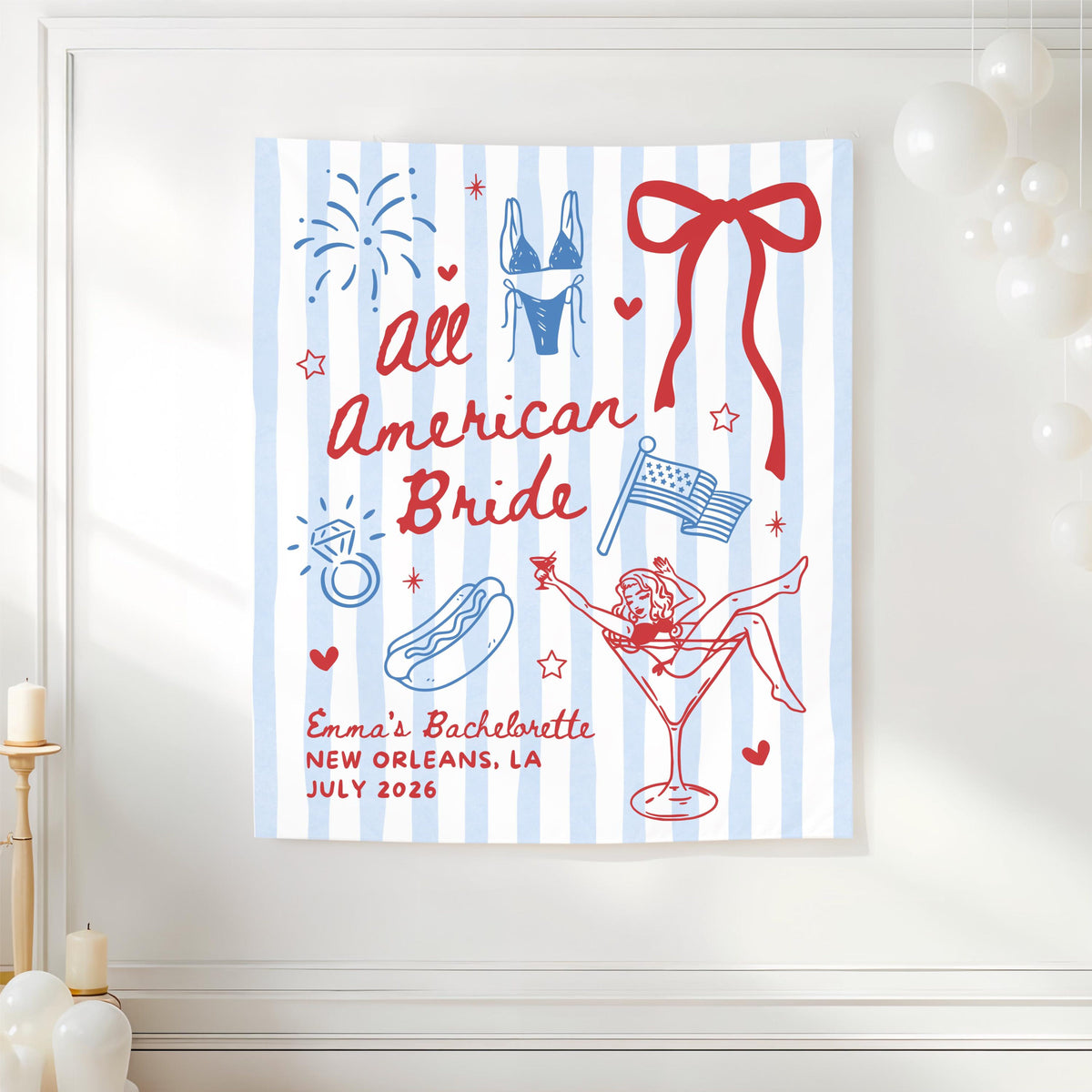 All American Bride Bachelorette Banner, 4th of July Cocktail Party Decor, BBQ Bachelorette Backdrop, Bach Photo Booth, Weenies Bridal Shower
