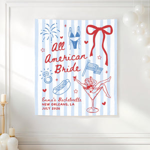 All American Bride Bachelorette Banner, 4th of July Cocktail Party Decor, BBQ Bachelorette Backdrop, Bach Photo Booth, Weenies Bridal Shower