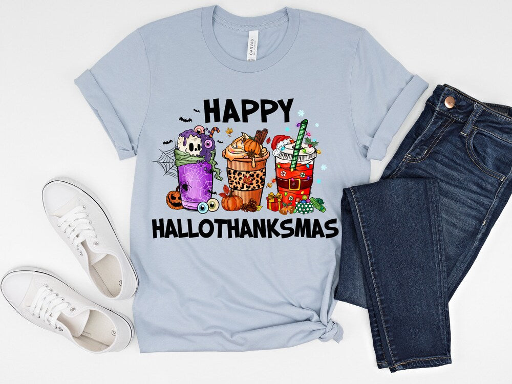 Happy Hallothanksmas Shirt, Halloween Christmas Thanksgiving Shirt, Funny Holiday Iced Coffee Shirt, Gift For Her, Coffee Lovers Gift, 5.jpg