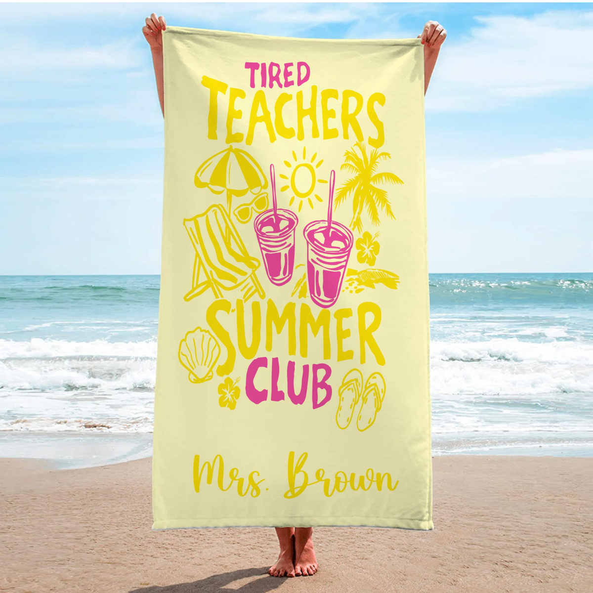Tired Teachers Summer Club Beach Towel, Custom Name Towel, Summer Gift For Teacher