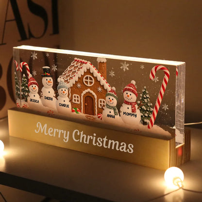 3D Effect Snowman Family In Snow - Personalized LED Light Wooden Base - Christmas For Family