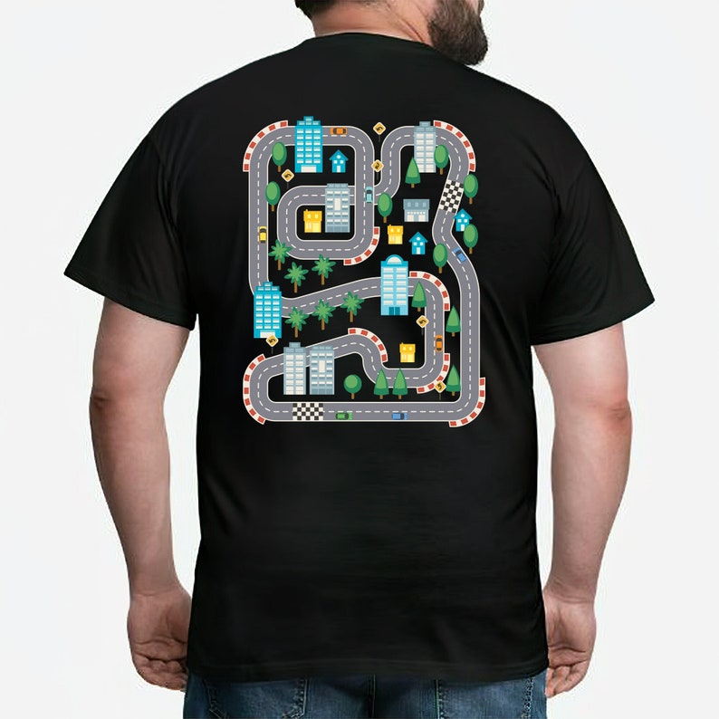 Personalized Play Car Race On Dad's Back Shirt, Custom Mat Road Car Race Track T-Shirt, Dad Mom Father's Day Family Gift, Playmat TShirt, Daddy Birthday