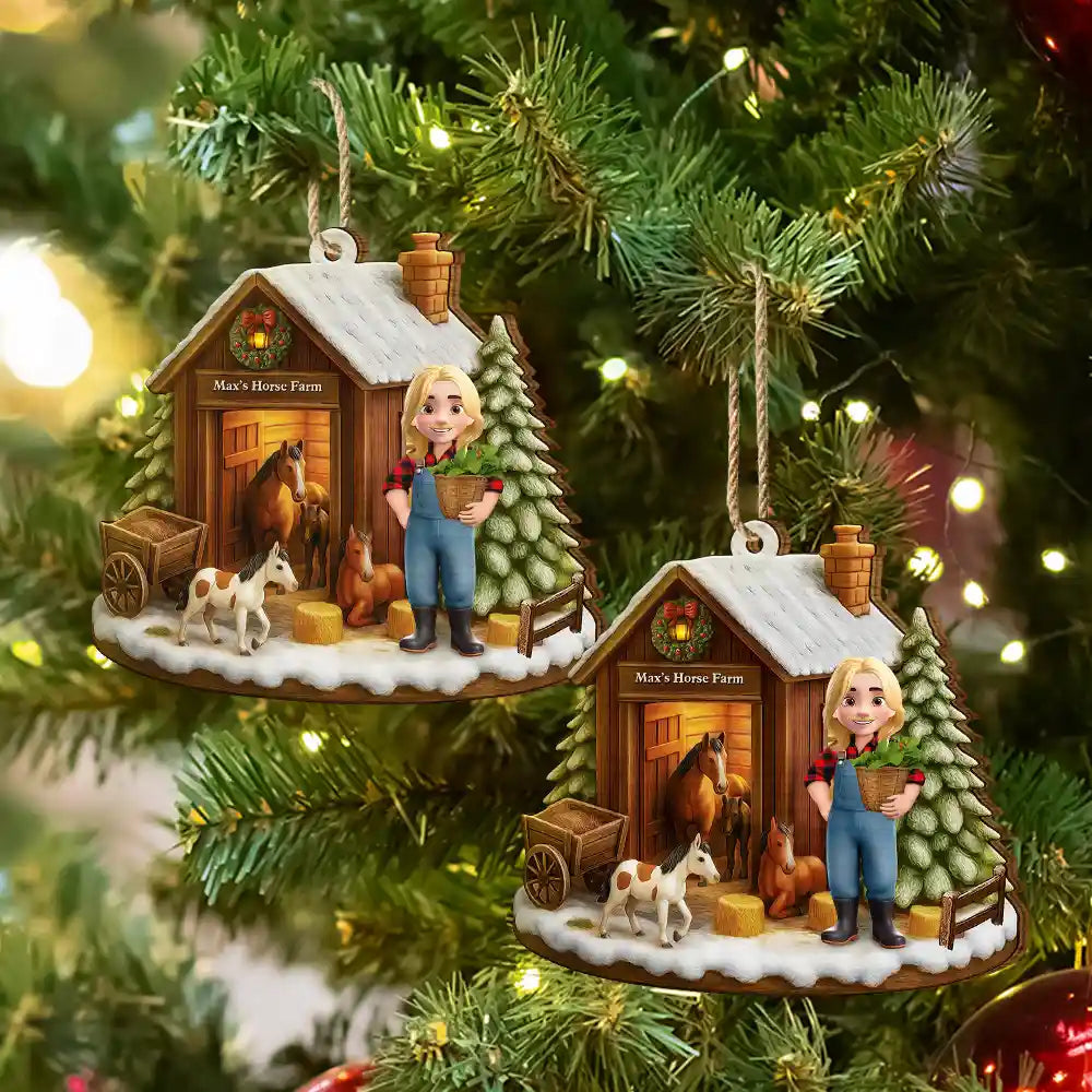 3D Effect Christmas Horse Farm - Personalized Custom Shaped Wooden Ornament