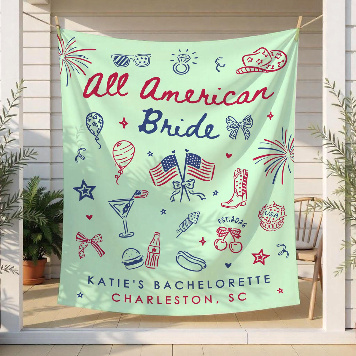 All American Bride Bachelorette Tapestry, Independence Day Bach Banner Decor, Custom Fourth Of July American Backdrop, 4th of July BridalShower
