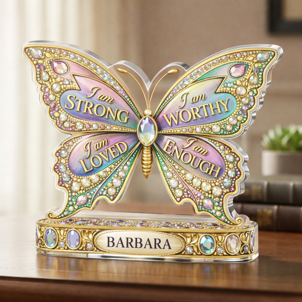 I Am Strong Jewelry Butterfly - Personalized Acrylic Table Sign - Gift For Her, Mother's Day, Birthday Gift