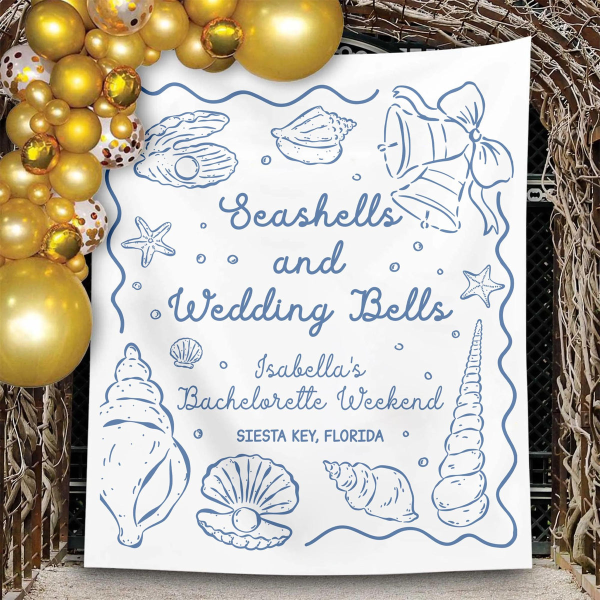 Personalized Bachelorette Party Decor, Wedding Bells and Seashells Banner, Beach Bachelorette Decorations, Coastal Bachelorette Backdrop