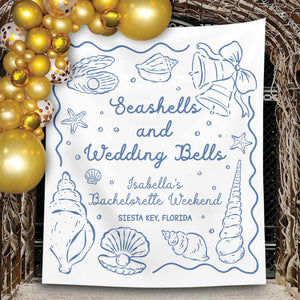 Personalized Bachelorette Party Decor, Wedding Bells and Seashells Banner, Beach Bachelorette Decorations, Coastal Bachelorette Backdrop