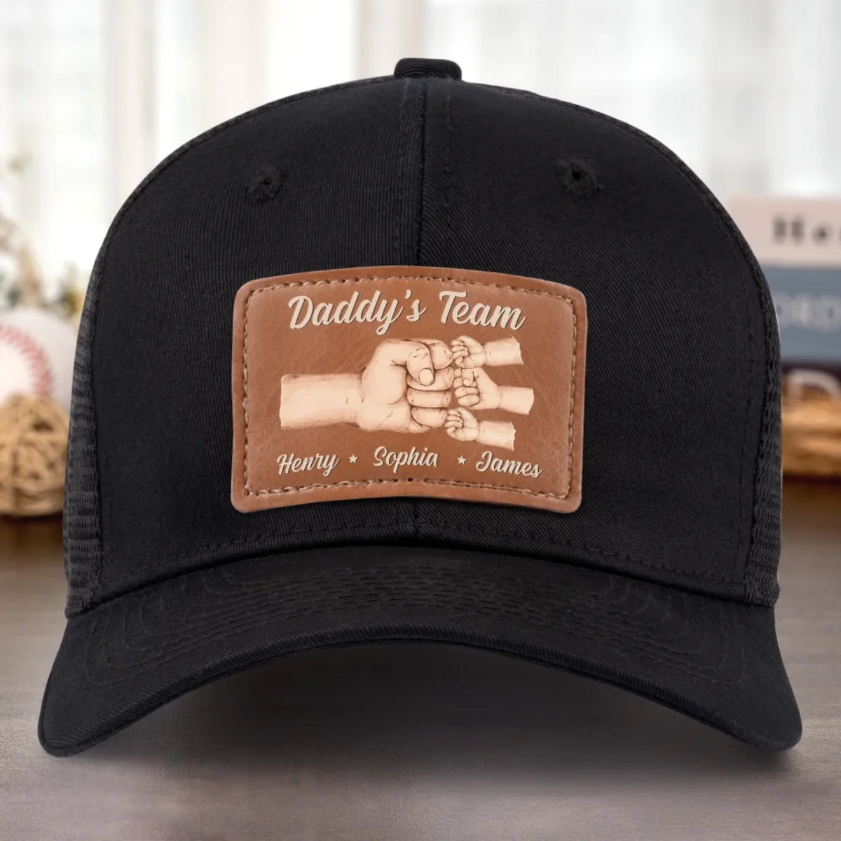 Daddy's Team Is Unbreakable - Personalized Leather Label Net Hat - Gift For Dad, Father's Day