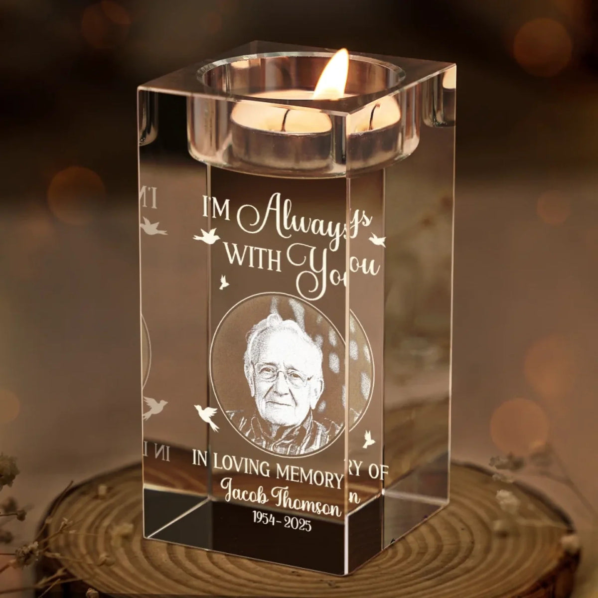 I Am Always With You Memorial Photo - Personalized Crystal Candle Holder - Memorial Gift For Family