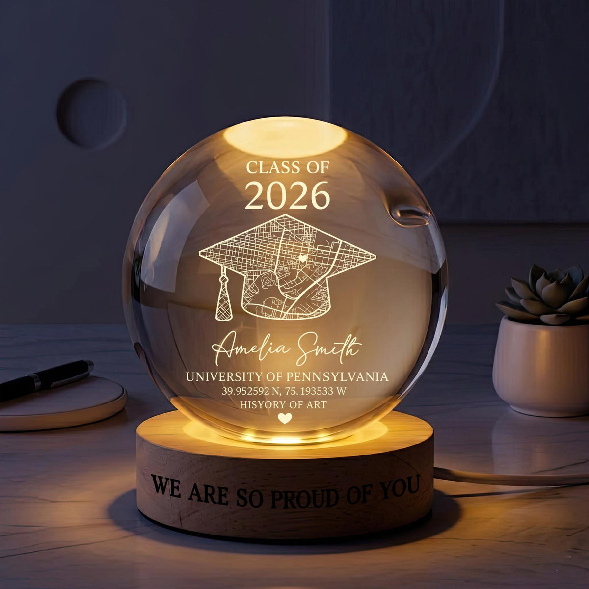 Personalized Class of 2026 Crystal Ball Night Light, Custom Graduation Gift, LED Lamp for Senior Keepsake