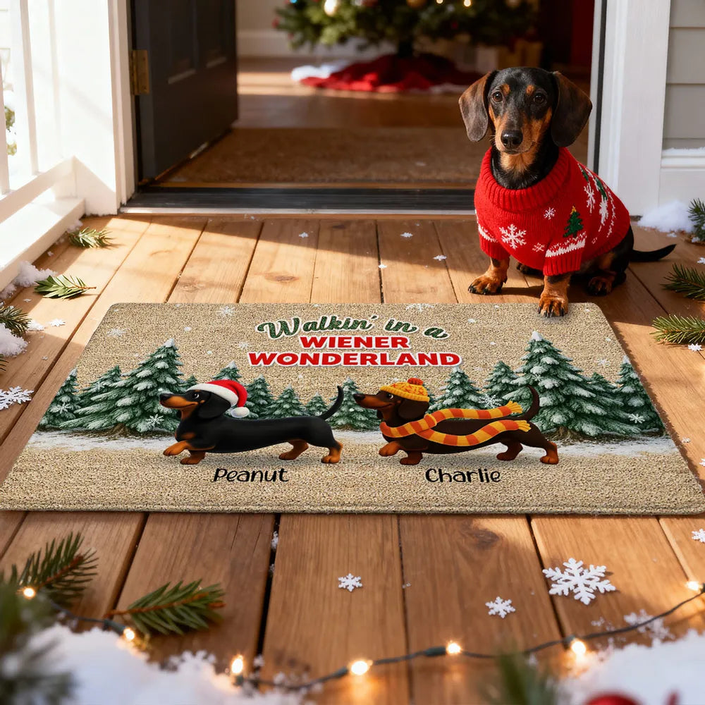 Dachshunds Walking In A Wiener Wonderland - Personalized Doormat - Unique Christmas Gift For Dachshunds Lovers