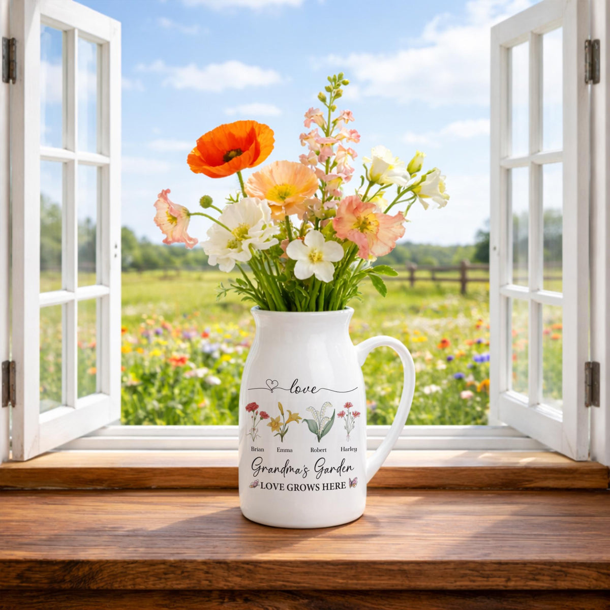 Personalized Grandma's Garden Birth Flower Vase, Custom Name Ceramic Flower Vase, Mothers Day Gift, Anniversary Gift, Floral Home Decor