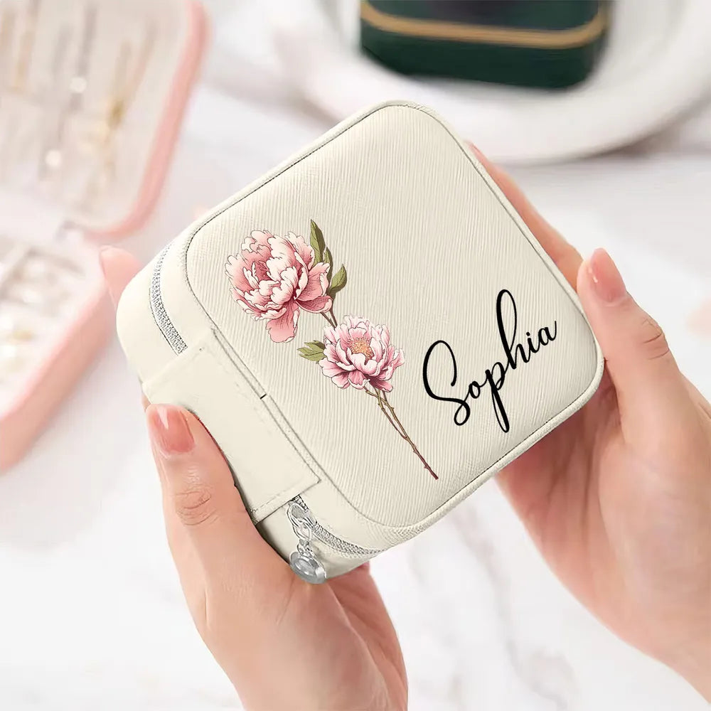 Birth Month Flower With Name - Personalized Square Jewelry Box - Gift For Mom, Mother's Day, Birthday Gift