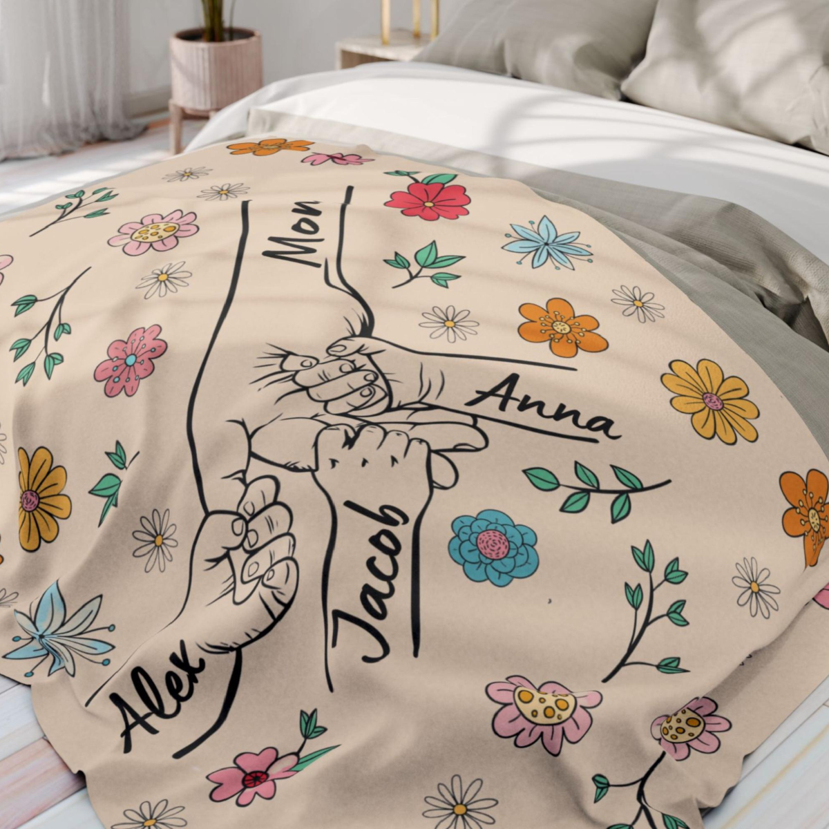 Personalized Mom Blanket, Mom Holding Kid's Hands, Mother's gift, Blanket with kids names, Family Blanket