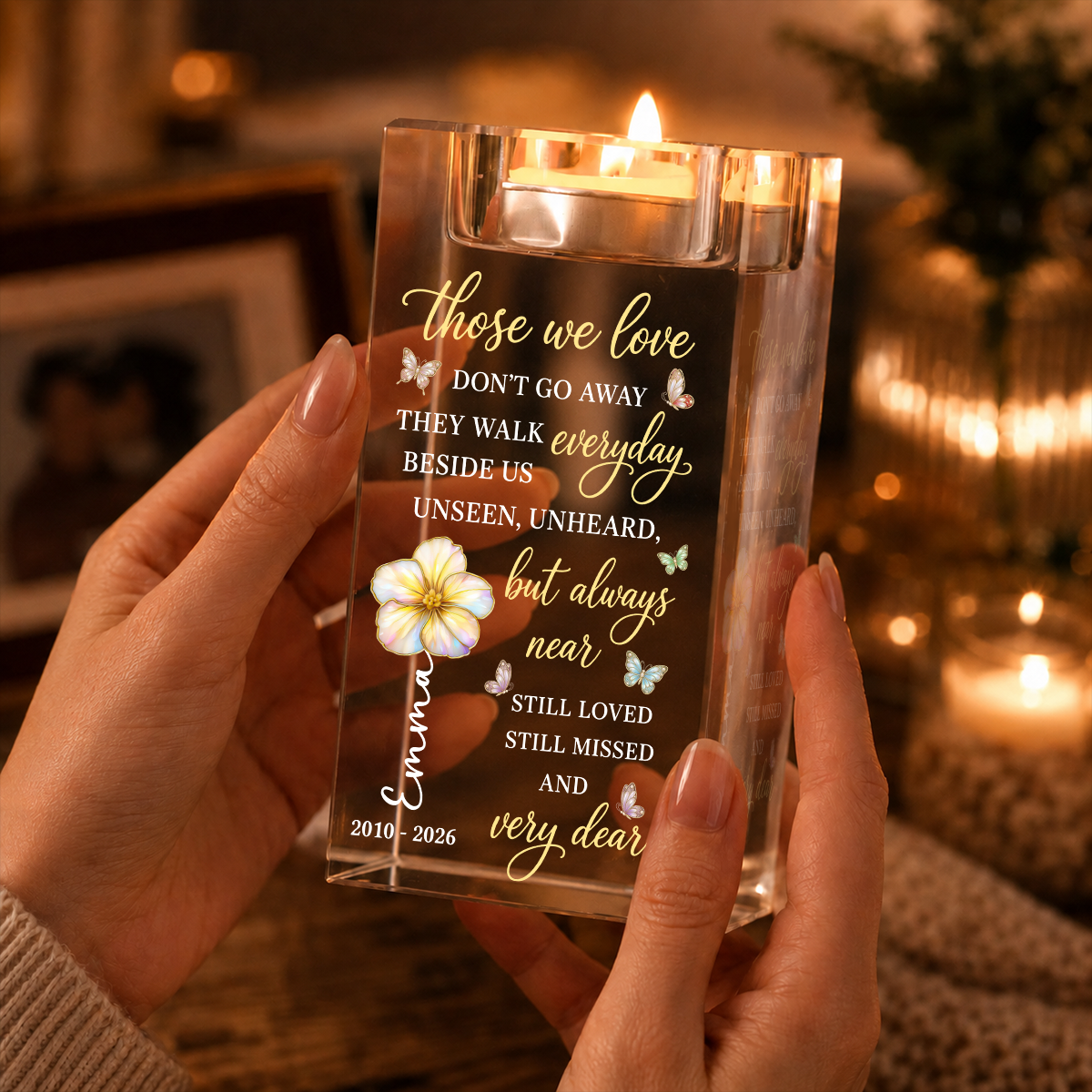 Light Up Memorial Flowers Personalized Crystal Candle Holder