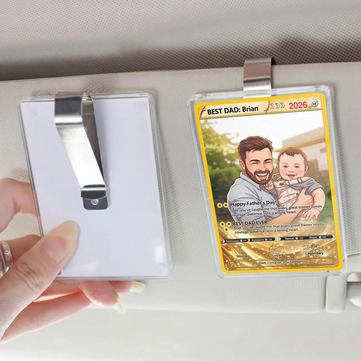 Custom Poke Card Father's Day Car Visor For Dad, Personalized Trading Card Style Car Visor Picture Holder, Dad And Kid Portrait Car Visor Clip