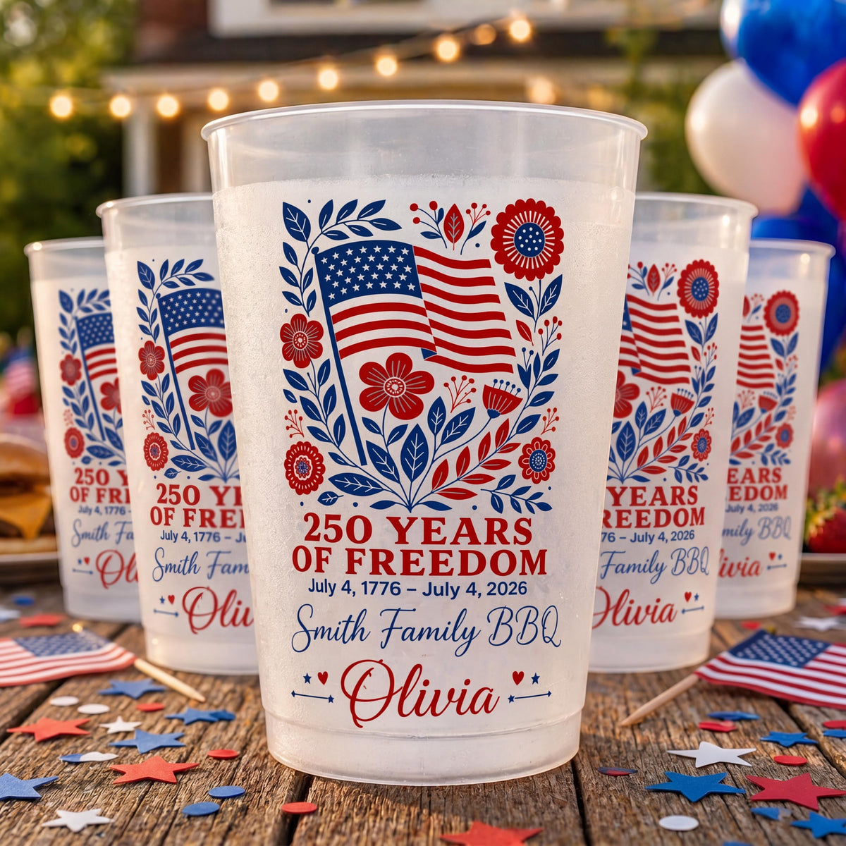 Personalized 4th of July Frosted Cup, 250 Years of Freedom Cup, Custom Family BBQ Party Cups, Independence Day 2026, Patriotic Plastic Cups