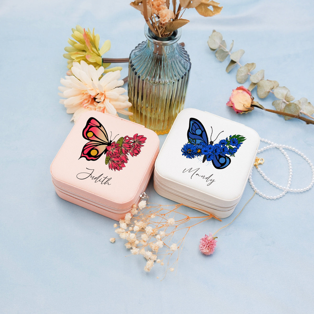 Floral Butterfly With Name - Personalized Square Jewelry Box - Gift For Her, Gift For Mom, Mother's Day, Birthday Gift