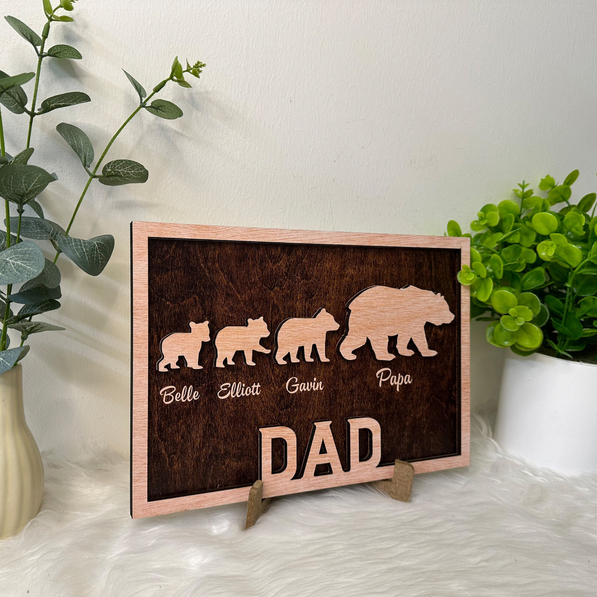 Personalized Papa Bear Sign with Kids Names, Engraved Wood, Custom Gifts For Dad From Daughter, Son, Dad's Children names Sign, Family Sign