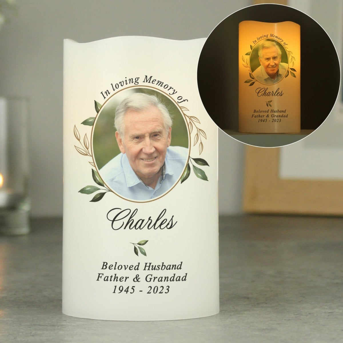 In Loving Memory Botanical Custom Photo - Custom LED Flameless Candle - Memorial Gift For Family