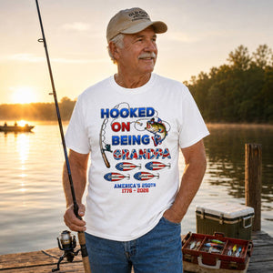 Fishing Grandpa Hooked On Freedom America 250th Anniversary - Personalized Shirt - Gift For Grandpa, 250 Years Of Freedom