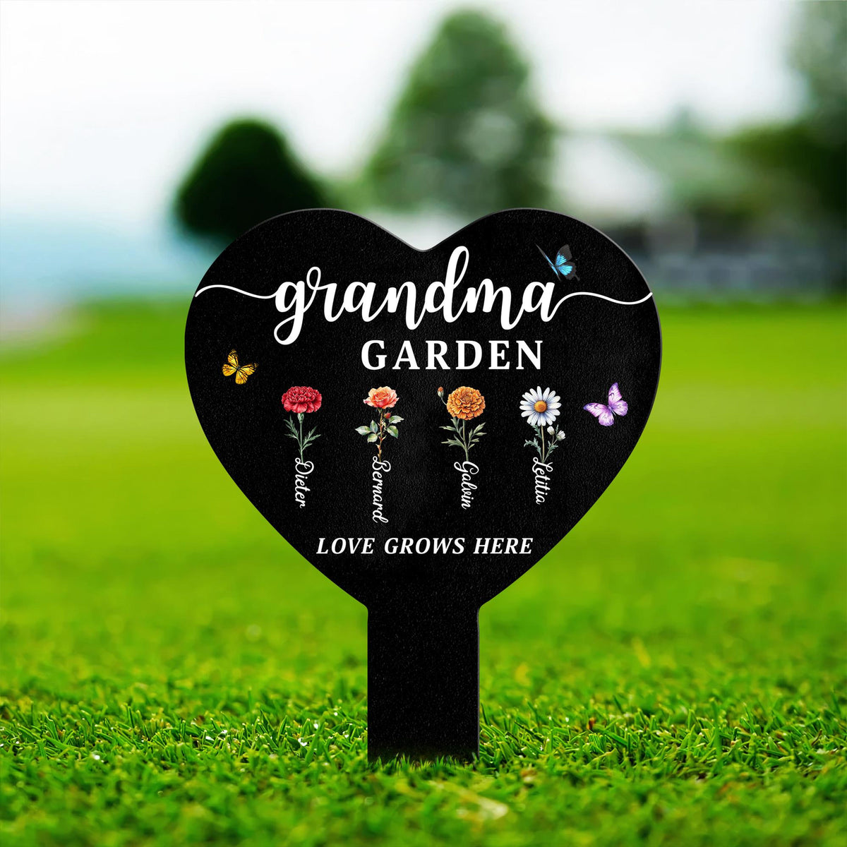Personalized Grandma Garden Sign, Metal Flower Garden Stake with Grandkids' Names, Heart Shaped Yard Decor, Nana's Blessings