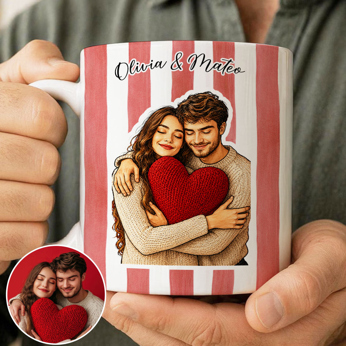 Cabana Stripe Mug - Photo Upload - Personalized Couple Mug, Watercolor Portrait Couple, Friends, Family, Pets