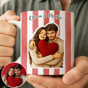 Cabana Stripe Mug - Photo Upload - Personalized Couple Mug, Watercolor Portrait Couple, Friends, Family, Pets