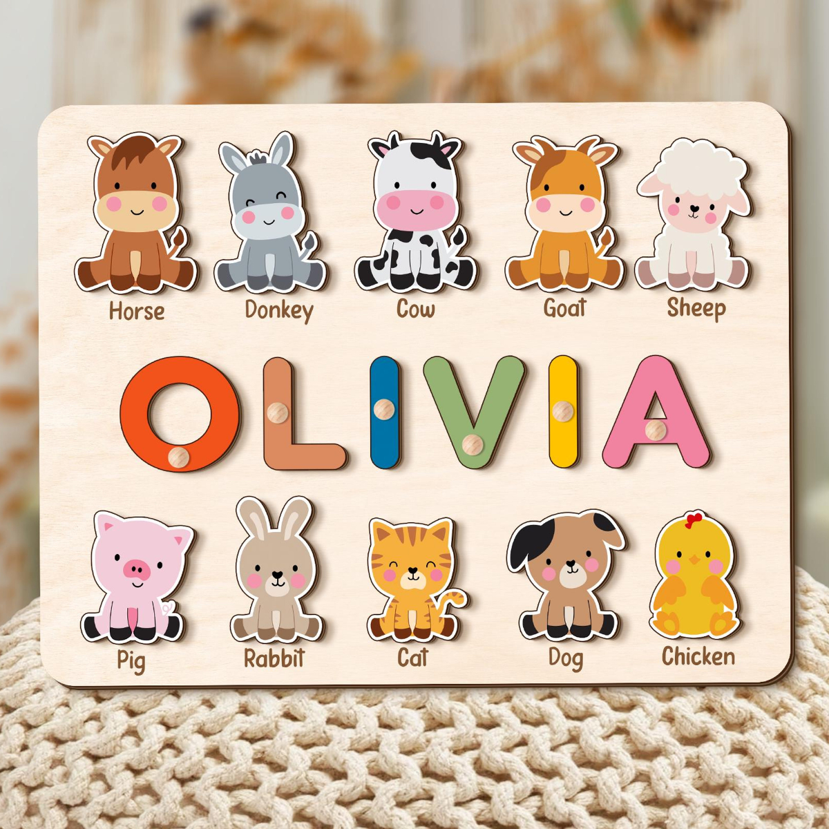 Custom Name Puzzle with Animals, Wooden Baby Name Puzzle, First Birthday Gift for Kids, Personalized Gift for Toddler New Baby Gift