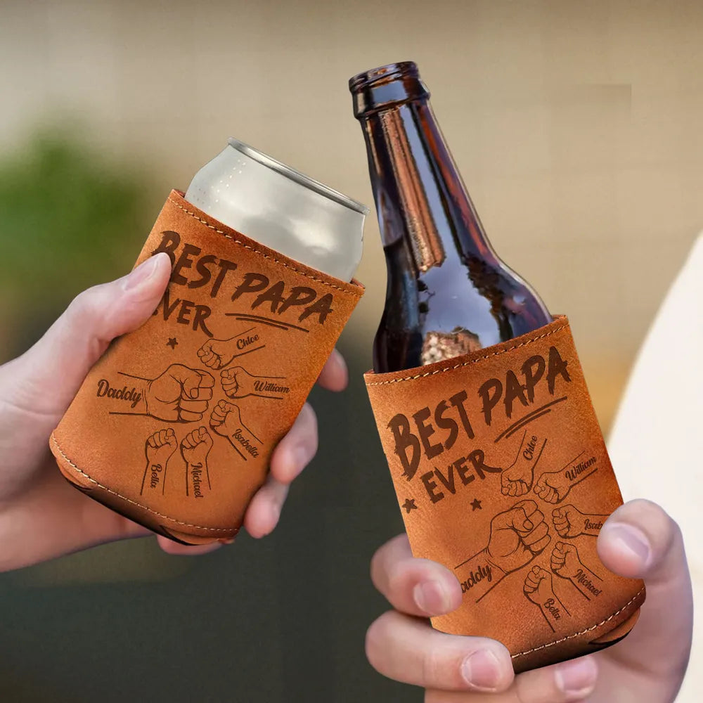 Dad Grandpa & Kid Fist Bump - Personalized Leather Can Cooler - Gift For Dad, Grandpa, Father's Day