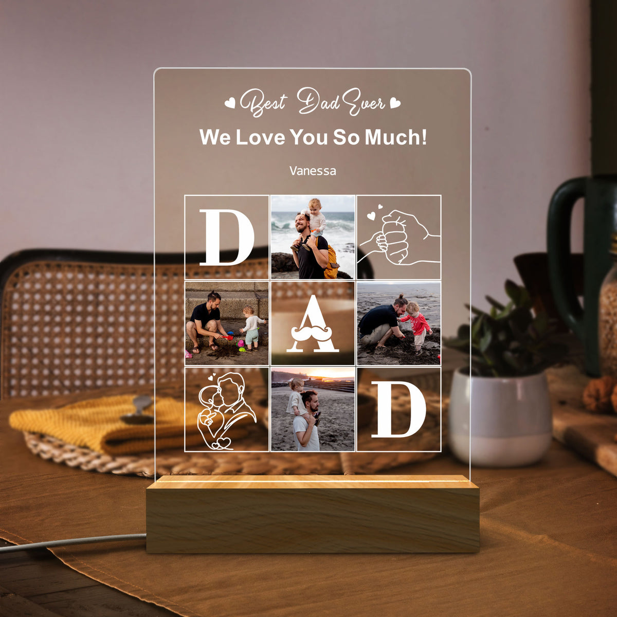 Best Dad Ever Photo Collage - Personalized 3D LED Light Wooden Base - Gift For Father