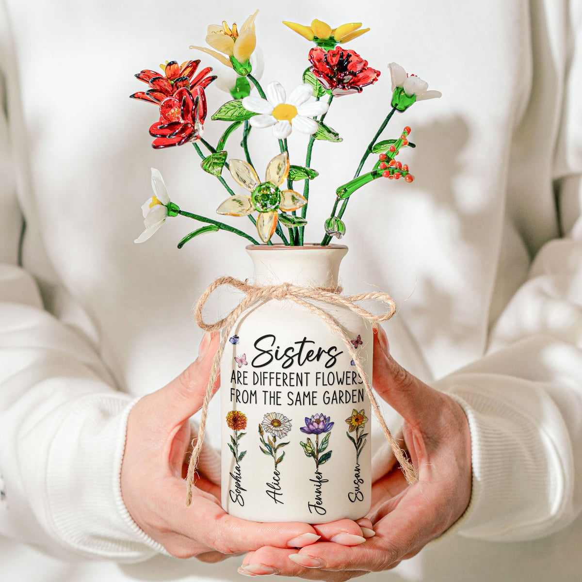 Sisters Are Different Flowers - Personalized Ceramic Vase With Glass Flowers - Gift For Sisters, Siblings, Besties