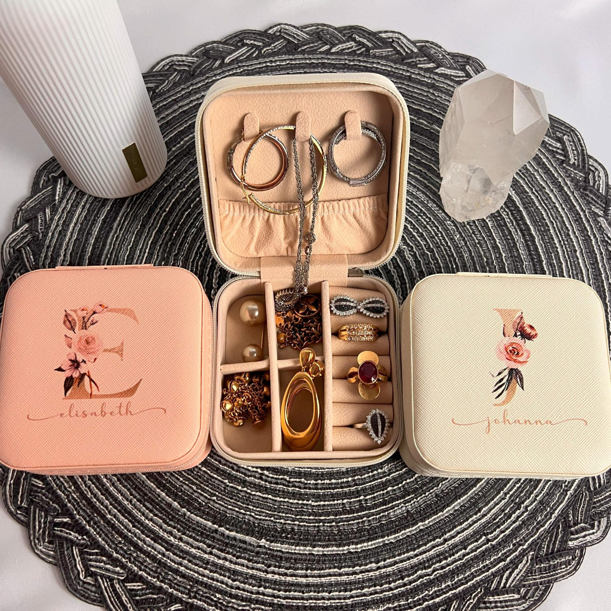 Custom Floral Initial - Personalized Square Jewelry Box - Gift For Mom, Sister, Besties