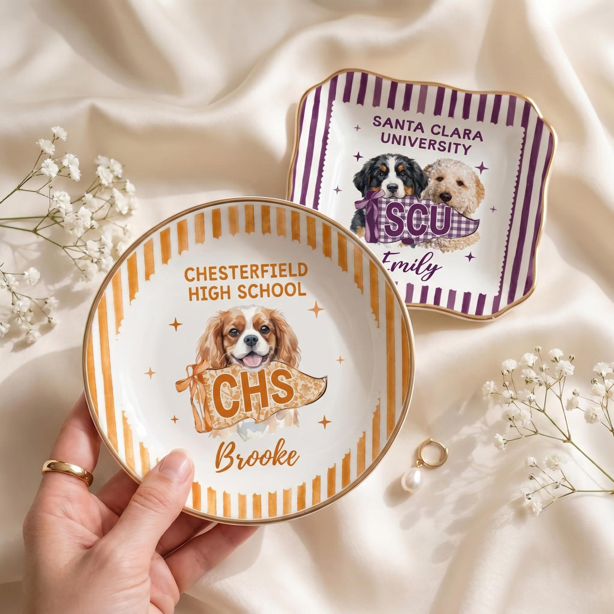 Custom College Pet Portrait Ring Dish, Personalized University Jewelry Tray, Small Graduation Gift for Girls, College Dorm Room Desk Decor