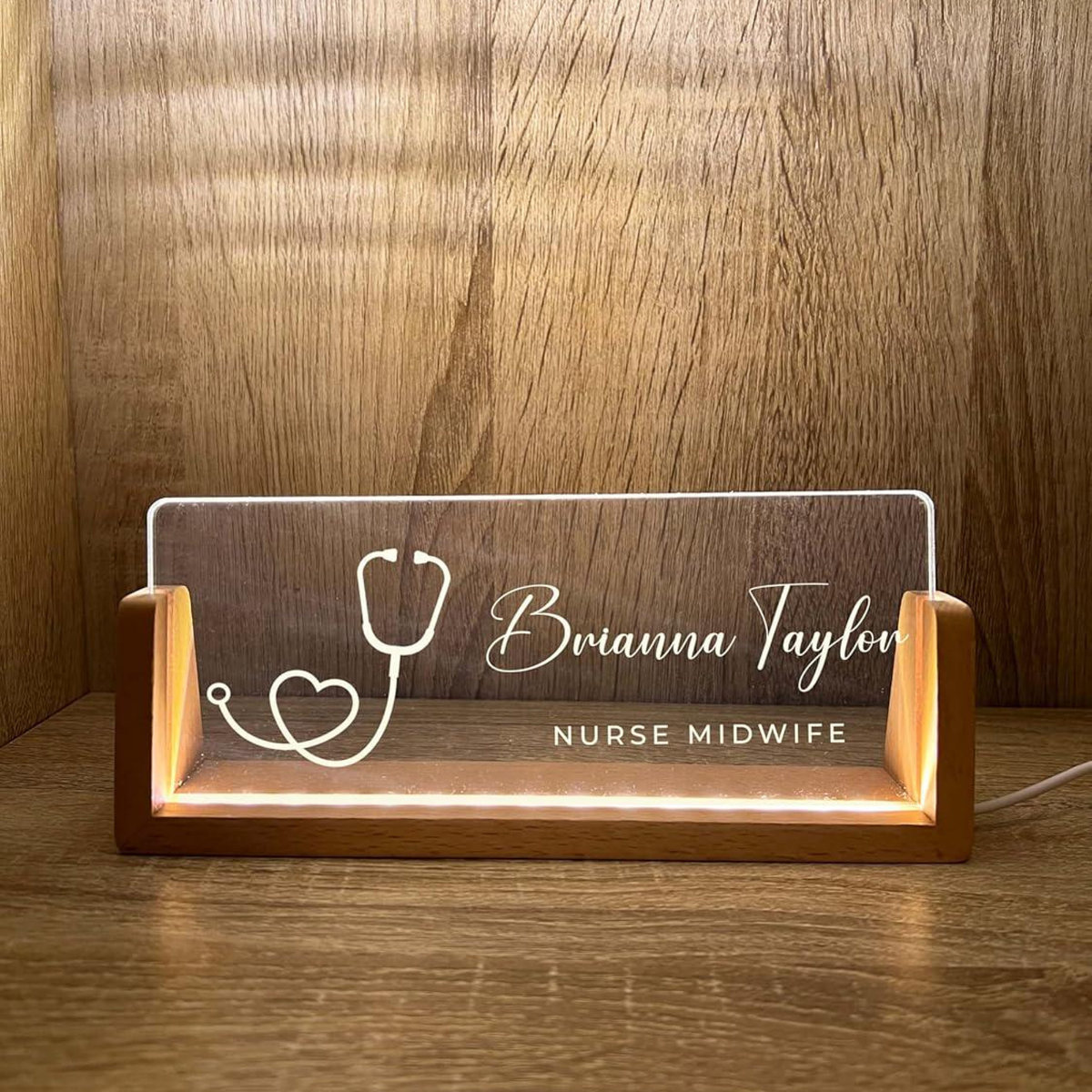 Personalized Name & Title Desk Plate Stand, Stethoscope Symbol Professional Medical Nurse Nursing, Office Sign LED Light Nameplate Gift