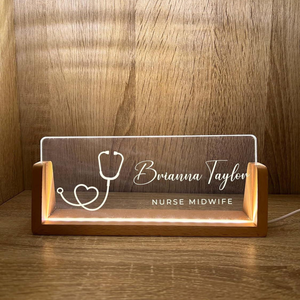 Personalized Name & Title Desk Plate Stand, Stethoscope Symbol Professional Medical Nurse Nursing, Office Sign LED Light Nameplate Gift