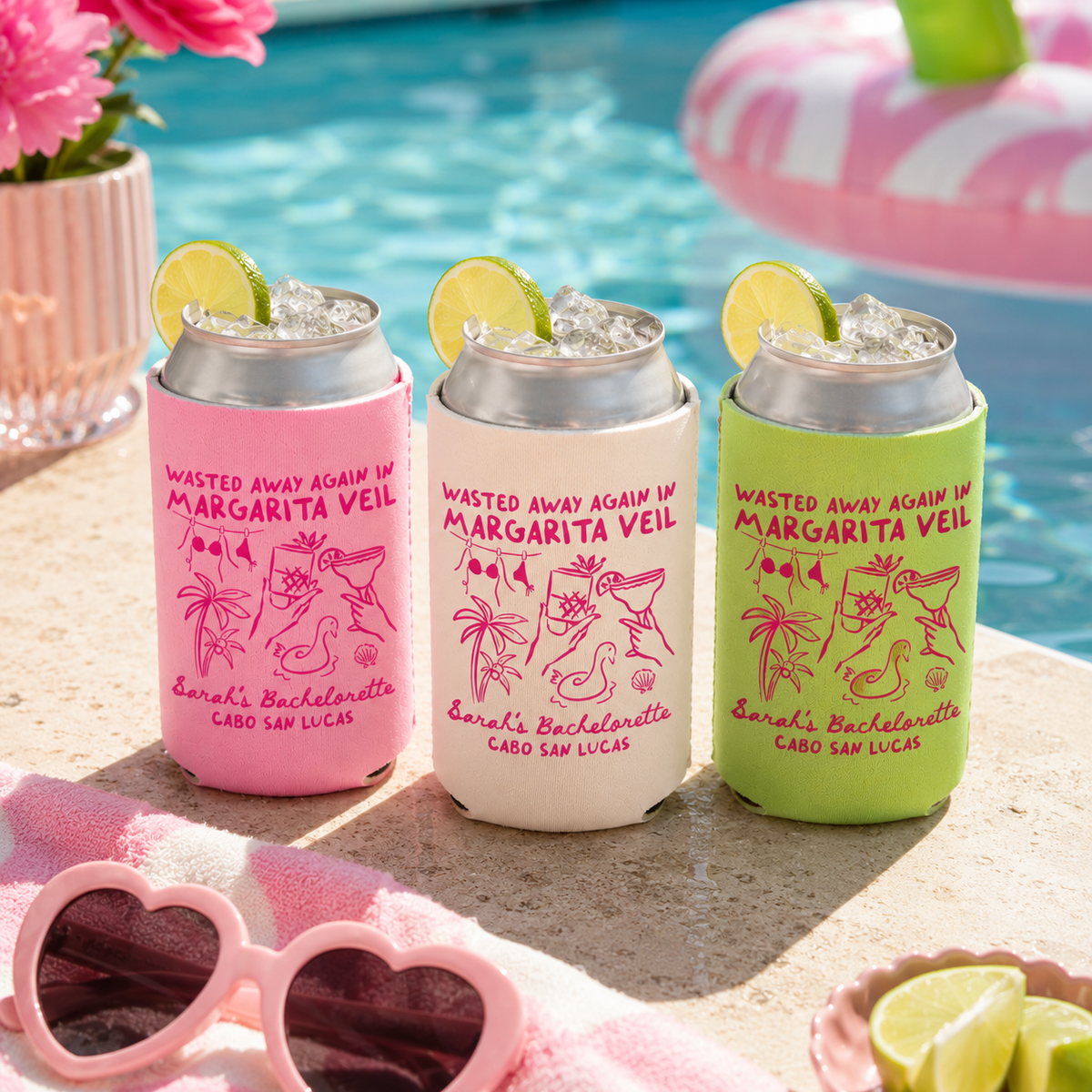 Margarita Veil Bachelorette Can Cooler - Custom Beach Bachelorette Party Favors - Personalized Cozies in Regular and Slim Size