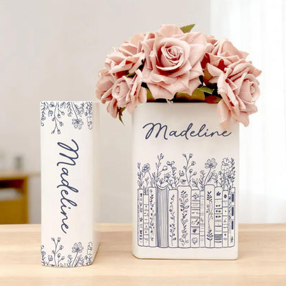 Ceramic Book Vase Customized, Floral Bookshelf Decor, Reading Room Flower Pot, Book Lover Gift, Ceramic Book Flower Vase, Toile De Jouy Vase