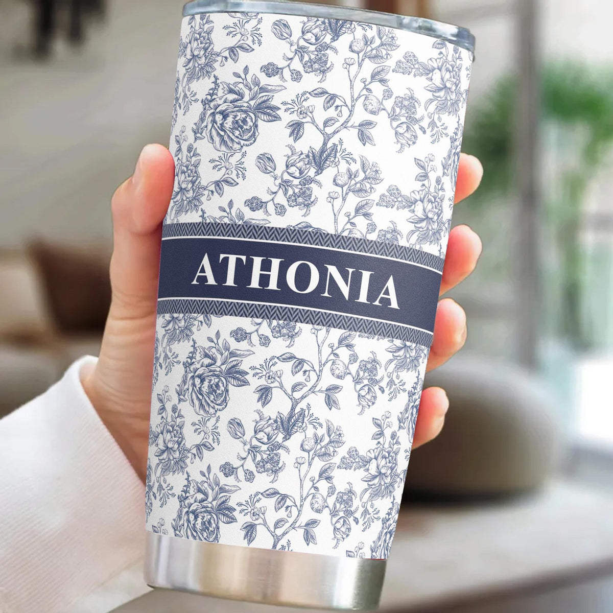 Flower Toile De Jouy French Style Custom Name, Personalized Tumbler Cup, Birthday Gift, Custom Name Floral Tumbler With Lid, Gift for Mom