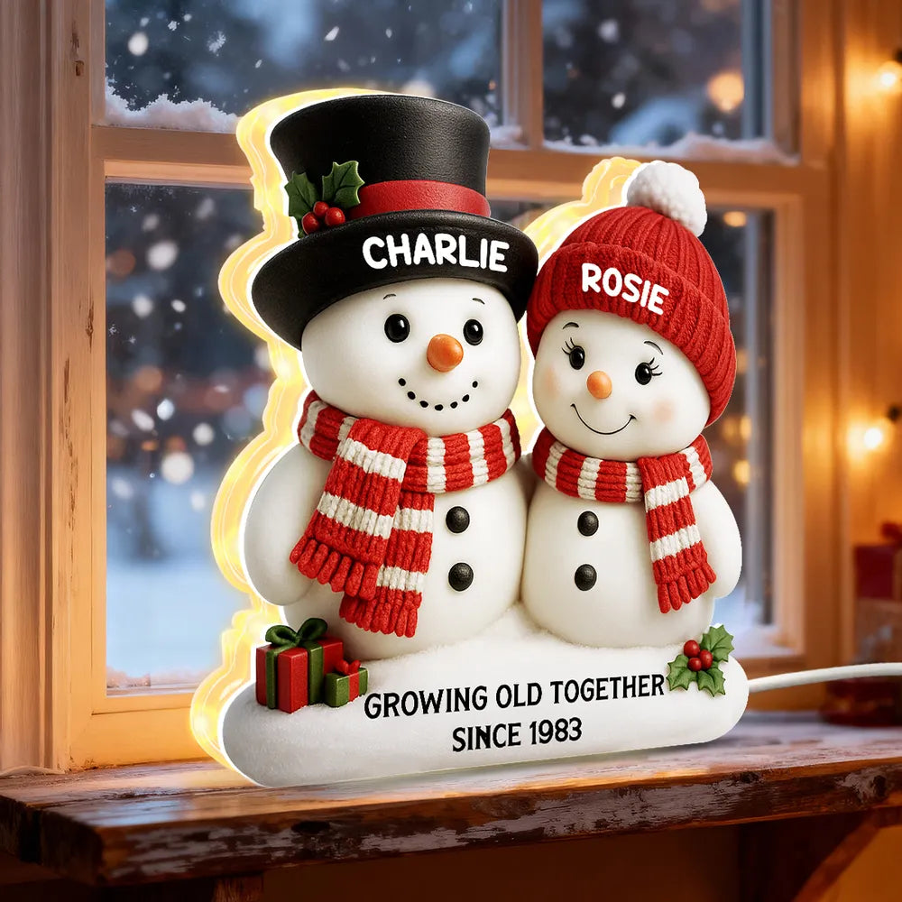 Snowman Couple Growing Old Together - Personalized Acrylic Light Box - Christmas Gift For Couple