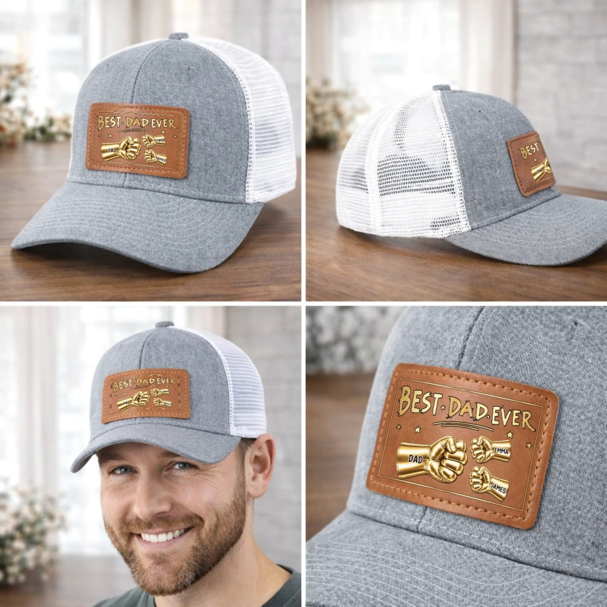 Best Dad Ever Gold Fist Bumps - Personalized Leather Label Net hat - Gift For Dad Papa, Father's Day Gift